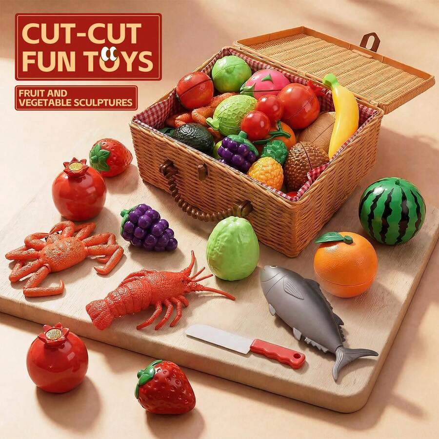 2026 Kids Realistic Food Fruit Cutting Set, Large Seafood Animal Models Like Lobster, Crab, Fish, Disassemble & Assemble, Early Education, Puzzle Toys, New Large Capacity Picnic Basket Storage Box, Categorized Storage, Kitchen Toys, Can Be Used As Decor, Portable, Practical, Great Halloween Gift