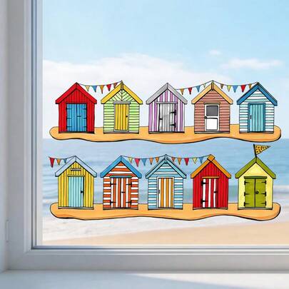 1 set Maison peinte à la main à l'aquarelle avec des rayures rouges et bleues, porte en bois sur le toit. Autocollants de décoration murale, convient pour les chambres à coucher, les cuisines, les salons et les salles de bains. Autocollants muraux en PVC, utilisés pour les fenêtres en verre