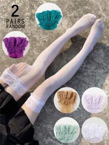 1/2/3/4/5 Pairs Random Women Sexy Lace Trim Solid Color Fashion JK Lolita Thigh High Socks - Multicolor - View 12