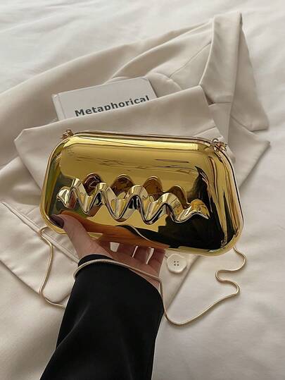 1pc Solid Color Clutch Bag, Stylish Wristlet Evening Bag, Fashion Glossy Chain Shoulder Bag, Summer Wallet Fits Phone, Ladies Small Purse, Gift Handbag, Gold Clutch