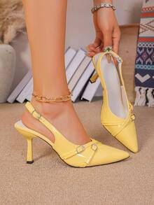 Women's Pointed Toe Kitten Heel Slip-On Sandals - Yellow - View 3