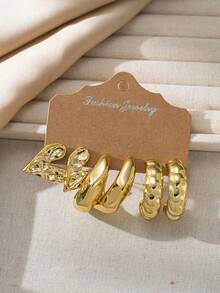 Set de 3/9 pares de aretes de estilo vintage minimalista, aretes elegantes y de lujo para mujeres, nuevos lanzamientos - Dorado - Ver 5