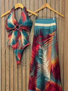 Premium Beach Cover-Up Set: Bodysuit, Swimsuit, And Pareo - Tropical Zafira Print - View 1