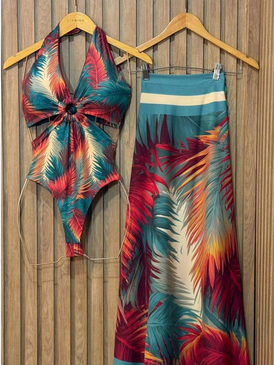 Premium Beach Cover-Up Set: Bodysuit, Swimsuit, And Pareo - Tropical Zafira Print - View 1