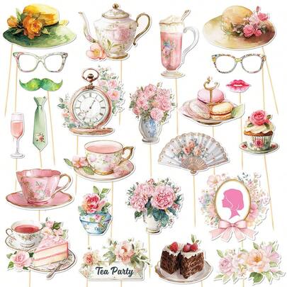 24 piezas Accesorios para fotomatón de hora del té con palitos, accesorios para selfie con tema de ceremonia de té floral, suministros para fiesta de cumpleaños, decoraciones de fondo fotográfico para fotomatón