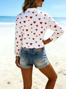 女士七分袖纽扣衬衫，通体爱心印花，翻领设计——浪漫休闲商务风衬衫，适合办公室、度假、居家及日常穿着，春夏秋季皆宜。 - 白色 - 查看 2