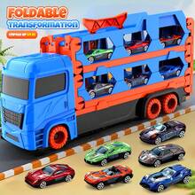 二合一儿童双轨赛车玩具，可折叠集装箱卡车设计，可收纳6辆合金小车，一键发射，儿童轨道玩具，男孩玩具车，生日/节日礼物 - 彩色 - 查看 6
