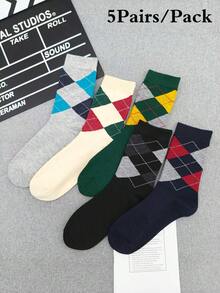 5双男士中筒袜，菱形图案，英式和欧式风格，商务休闲长袜，适合所有季节 - 彩色 - 查看 20
