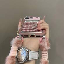 可爱格子爱心卡包仿皮手机壳，适用于 17 Pro Max/17 Pro/17/16/15/14 Pro Max，带毛绒腕带，哑光保护套 - 粉色 - 查看 2