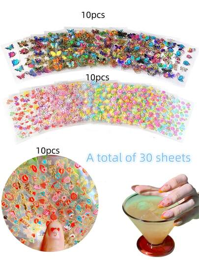 30pcs (10pcs Small Flowers + 10pcs Butterflies + 10pcs Hearts) Floral Nail Art Stickers, Gold Foil Edging, Self-Adhesive Floral Nail Decals, Suitable For Women Nail Decoration DIY