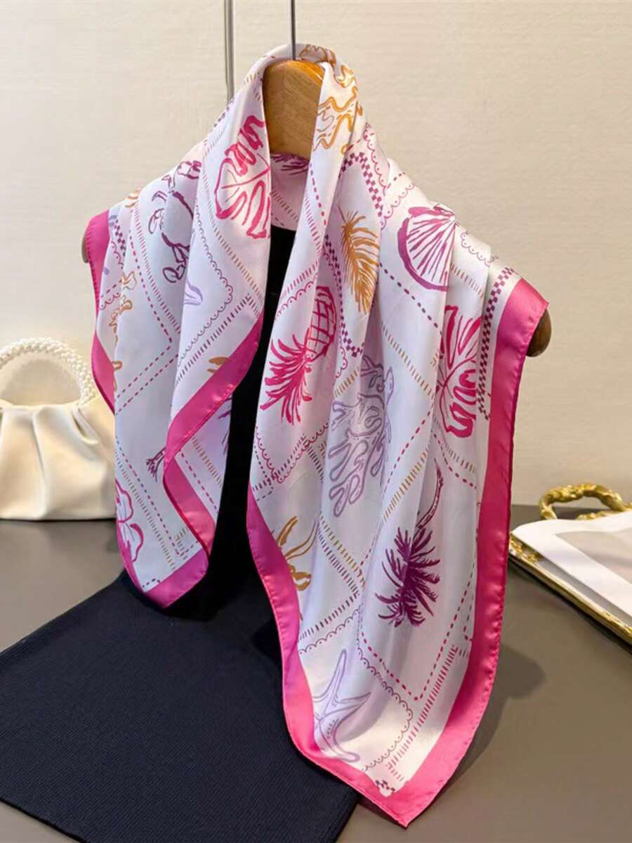 1 Stück Vintage Ozean Elemente Seestern & Muschel leichter Schal, Damen Seidenkopftuch, geeignet für Strand, Straße, Alltag, Urlaub, Dekoratives Band, Feiertag - Heißes Pink - Übersicht 1