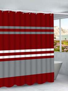 4pcs Minimalist Striped Shower Curtain Set - Includes Fabric Shower Curtain, Bath Mat, U-Shaped Mat, Toilet Lid Cover, European Minimalist Red & Gray Stripes - Multicolor - View 19