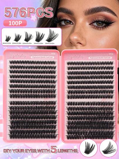 576片D型卷翘睫毛簇DIY嫁接套装，100片8-16mm混合漫画动漫睫毛，含睫毛教程书，轻盈猫眼仙女睫毛，适合初学者，下睫毛，漫画睫毛，簇状睫毛，轻盈睫毛，便宜睫毛簇，仙女睫毛，浓密款