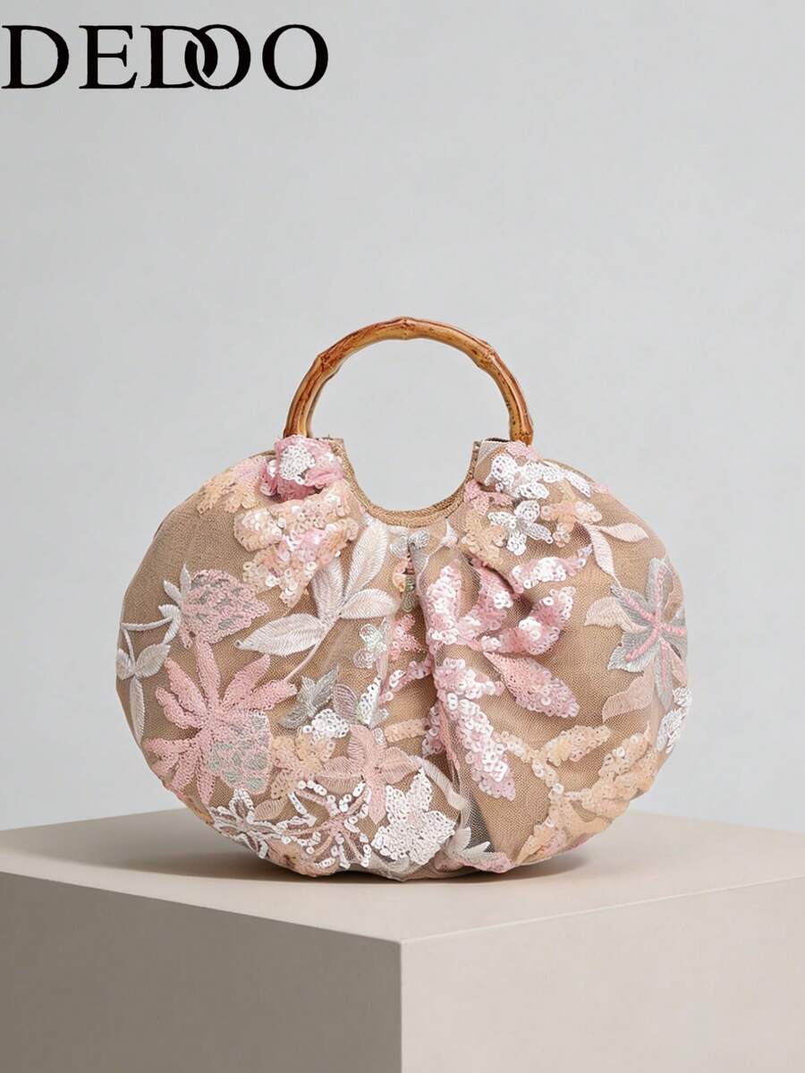 Dedoo 海滨度假包 女士新款刺绣立体贴花亮片花朵粗纺手提包 优雅托特包（图案随机裁剪）