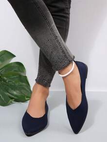 Zapatos de mujer tejidos con cuentas, nuevos zapatos planos de punta estrecha, transpirables, de unicolor, para la primavera - Azul Marino - Ver 3