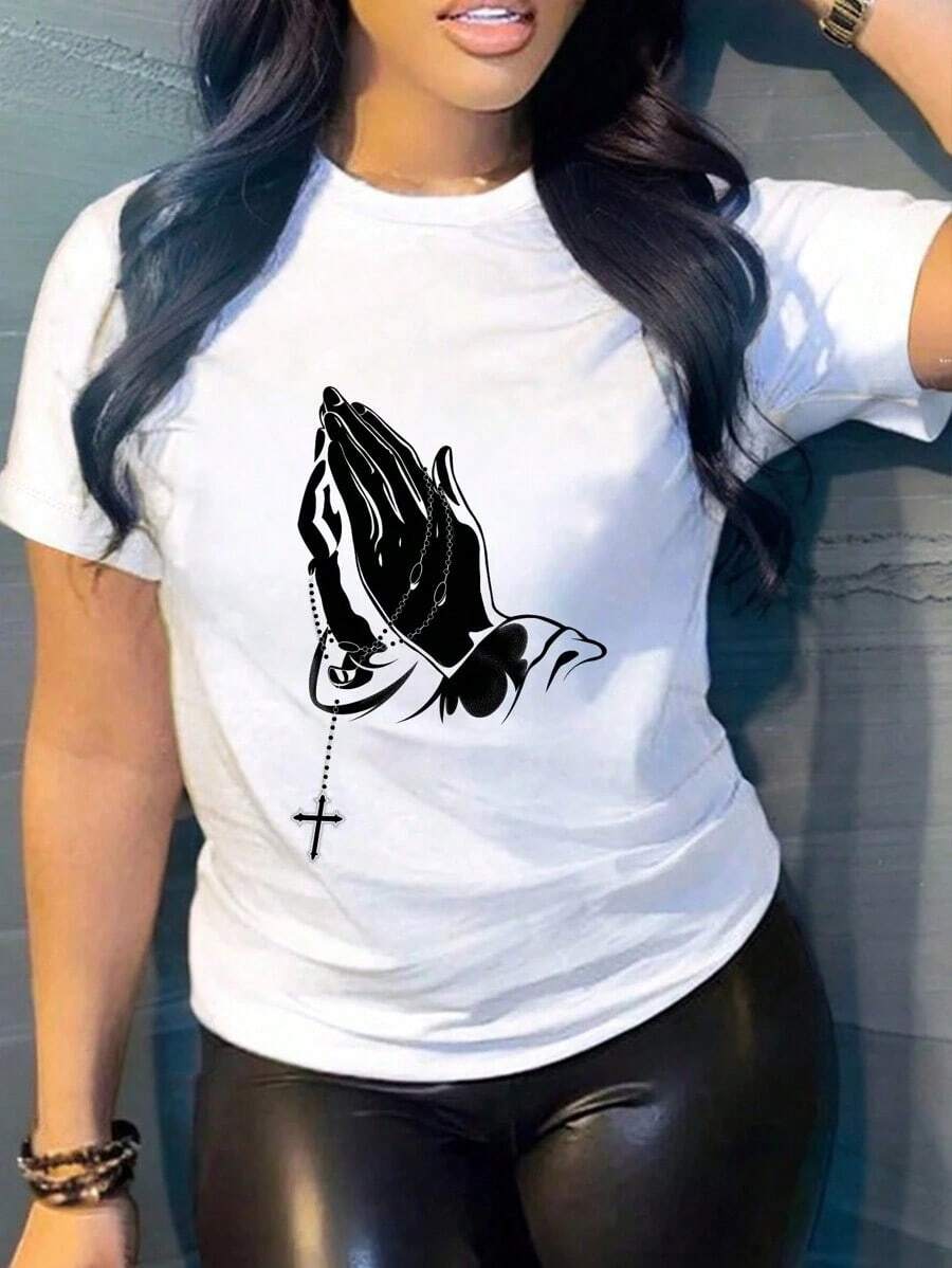 Camiseta ajustada de mujer de manga corta con cuello redondo y estampa de cruz, informal para el verano - Blanco - Ver 1