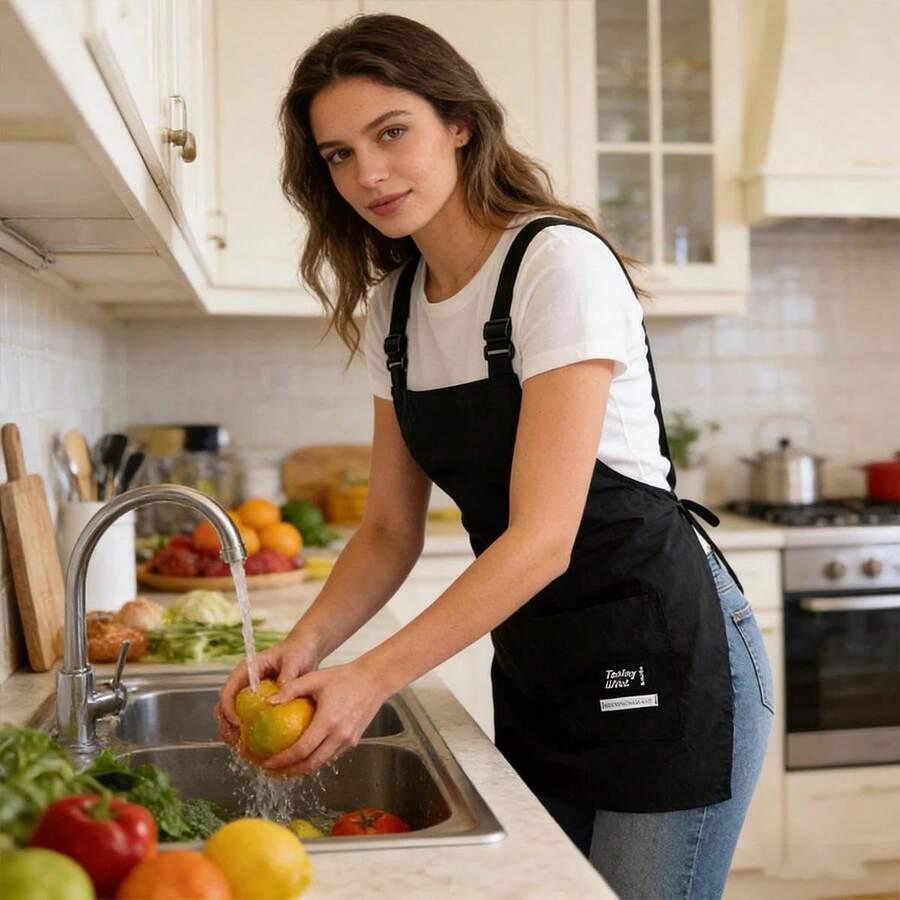 1pc Waterproof & Oil-Resistant Kitchen Apron, Suitable For Home Use, With Pockets, Polyester Anti-Stain, Cooking Apron For Home, Restaurant, Crafts, Gardening, BBQ, School, Cafe, Unisex, Great Christmas Gift