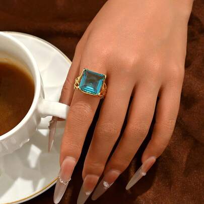 1 chiếc nhẫn vuông rỗng sang trọng đính đá Zirconia xanh dương, phụ kiện thanh lịch phù hợp cho đám cưới, dạ hội, tiệc tối trang trọng, hẹn hò, quà tặng cho phụ nữ.
