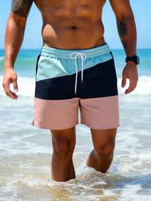 男士夏季印花图案抽绳腰斜插口袋夏威夷风速干双层网眼衬里短裤，撞色3D印花时尚休闲沙滩度假百慕大泳裤 - 彩色 - 查看 1