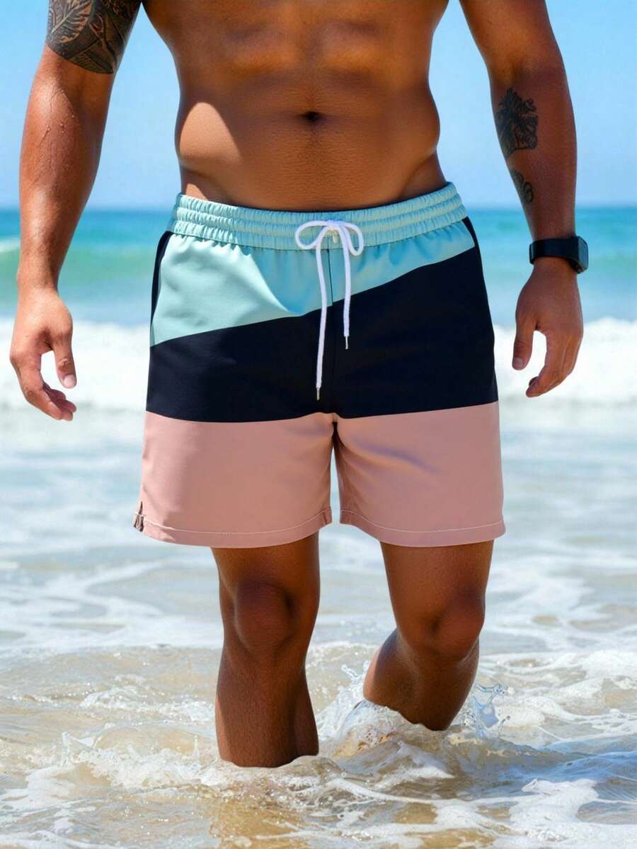 男士夏季印花图案抽绳腰斜插口袋夏威夷风速干双层网眼衬里短裤，撞色3D印花时尚休闲沙滩度假百慕大泳裤 - 彩色 - 查看 1