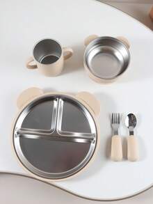 5 PIEZAS Juego de alimentación personalizado para bebé - Plato de acero inoxidable con 3 secciones y funda de silicona grabado, taza a juego, tazón y utensilios con mango de silicona - Multicolor - Ver 16