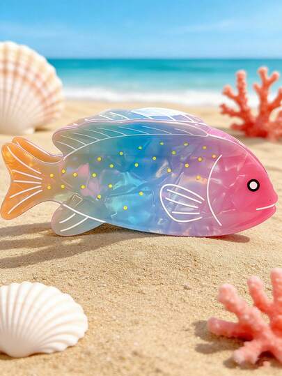 可爱彩色渐变鱼形发爪夹 - 亚克力沙滩海洋主题发饰，适合女性和女孩，夏季热带海洋风发夹，适合浓密或稀疏头发