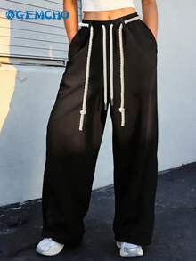 GEMCHO Women's Casual Solid Color Loose Wide Leg Drawstring Sweatpants, Very Fashionable For Street, Campus And Halloween Wear, Black Japanese Style - Black - View 4