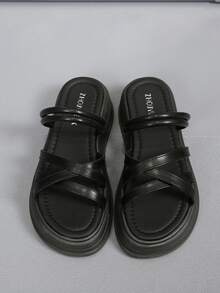 Minimalist Versatile Solid Color Y2K Casual Criss-Cross Thick Sole Sandals, Suitable For Beach, Spring/Summer - Black - View 8