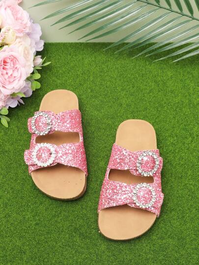 女童亮片爱心搭扣拖鞋，厚底休闲凉鞋，时尚水钻夏季户外凉鞋