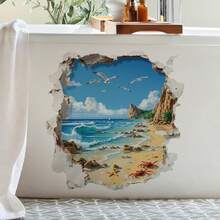 破损的墙面，阳光明媚的海滩，海鸥在波浪上低空飞翔，沙滩上还有螃蟹。窗贴和墙贴，自粘式，适用于客厅、卧室、学校、办公室和浴室。 - A - 查看 6