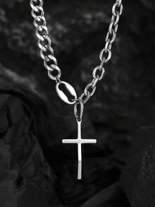 1pc Stainless Steel Curved Cross Pendant Detachable Chain Necklace, Fashionable & Personalized DIY For Men - Silver - View 1