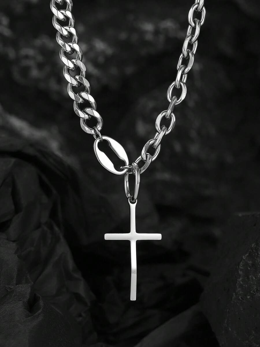 1pc Stainless Steel Curved Cross Pendant Detachable Chain Necklace, Fashionable & Personalized DIY For Men - Silver - View 1
