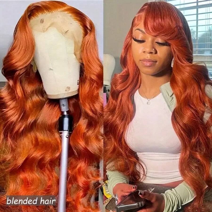 Tóc giả kiểu Bob, tóc thật pha trộn, ren trước 13x4, dài 26 inch, kiểu sóng nhẹ, mật độ 180%, ren trước trong suốt HD, tóc thật pha trộn, đã tỉa sẵn, dành cho nữ, màu cam gừng 350 - S350 - Xem 1