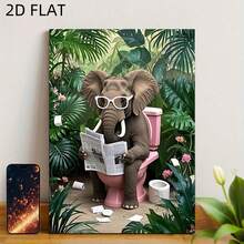 Pôster 2D plano, peça única, elefante engraçado lendo jornal em vaso sanitário rosa - Sem moldura, 30x40cm, alta definição, à prova d'água, com plantas e flores tropicais. Ideal para banheiro, sala de estar, escritório ou como presente interessante para casa e amigos. Decoração de parede para banheiro. - A - Ver 1