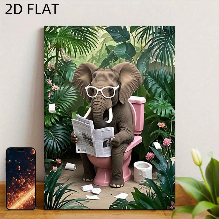 Pôster 2D plano, peça única, elefante engraçado lendo jornal em vaso sanitário rosa - Sem moldura, 30x40cm, alta definição, à prova d'água, com plantas e flores tropicais. Ideal para banheiro, sala de estar, escritório ou como presente interessante para casa e amigos. Decoração de parede para banheiro. - A - Ver 1