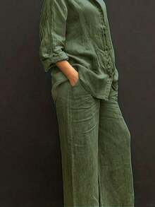 Lightweight Collar Casual Cardigan, Versatile Solid Color Elegant Blouse Top Suitable Beach, Daily, Commuting, Work, Shopping, Soft Fabric, Elastic Waist Loose Pants, 2-Piece Set, Spring/Summer/Autumn - màu xanh lá - Xem 12