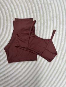 Two-Piece Set, Fitness Shorts And Top With Open Back And Opening For Padding. - Rust Brown - View 3