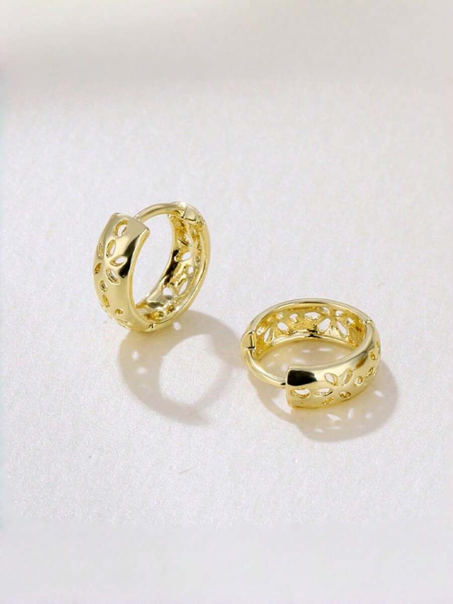 1 par de pendientes de aro minimalistas de metal hueco con flor de ciruelo, pendientes versátiles de moda para mujer, adecuados para uso diario, viajes, reuniones, fiestas, citas - Amarillo Oro - Ver 1