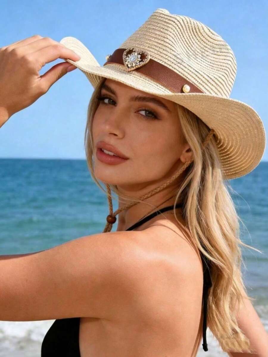 1顶女士水钻心形西部牛仔遮阳帽，宽檐透气防晒帽，适合夏季海滩度假和户外活动 - 愛心珍珠草邊帽 - 查看 1