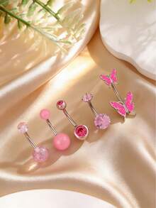 Bộ 5 khuyên rốn bằng thép không gỉ, khuyên rốn tròn 14G đính đá CZ dành cho nữ và bé gái, kích thước 3/8" (10mm), màu hồng/trắng/xanh dương. - 5 khuyên rốn - Xem 9