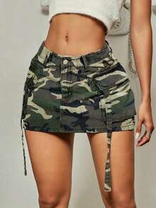 Y2K Vintage Camouflage Print Flap Pocket Drawstring Waist Denim Mini Skirt Casual Summer - 彩色 - 查看 1