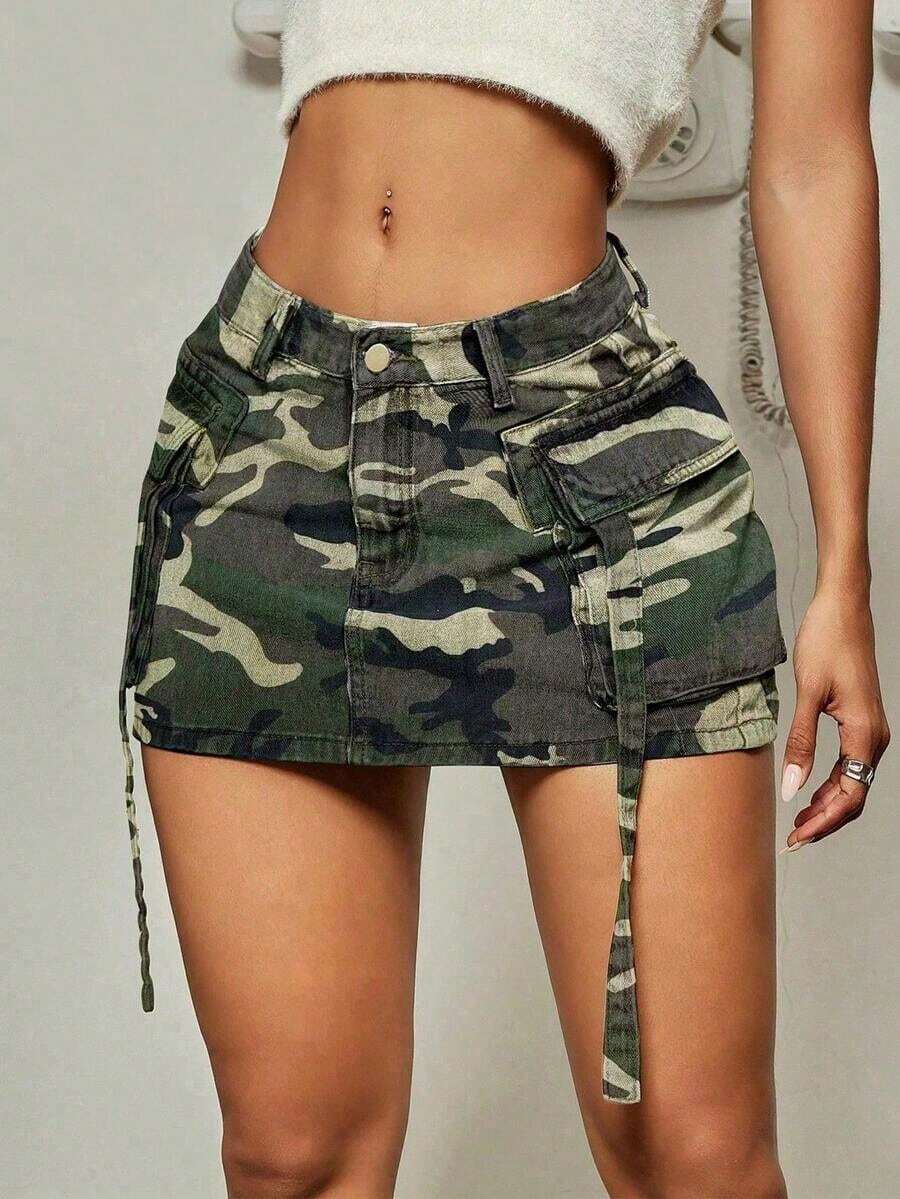 Y2K Vintage Camouflage Print Flap Pocket Drawstring Waist Denim Mini Skirt Casual Summer - 彩色 - 查看 1