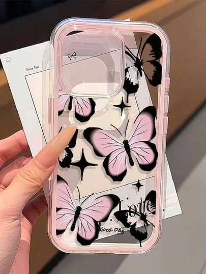 1pc Pink Butterfly Pattern 2-In-1 Frame Elegant Transparent Thick Shockproof TPU Fashion Phone Case Compatible With Iphone 11/12/13/14/15/16/17 Pro Max/Plus/7/8/Air, Anti-Shock Protective Cover
