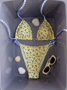 2 Stück/Set Blumen- und Karomuster Sexy Rückenfrei Kordelzug Bikini Badeanzug Set, süß & bequem für Strand, Reise, Frühling/Sommer Urlaub - Gelb - Übersicht 2