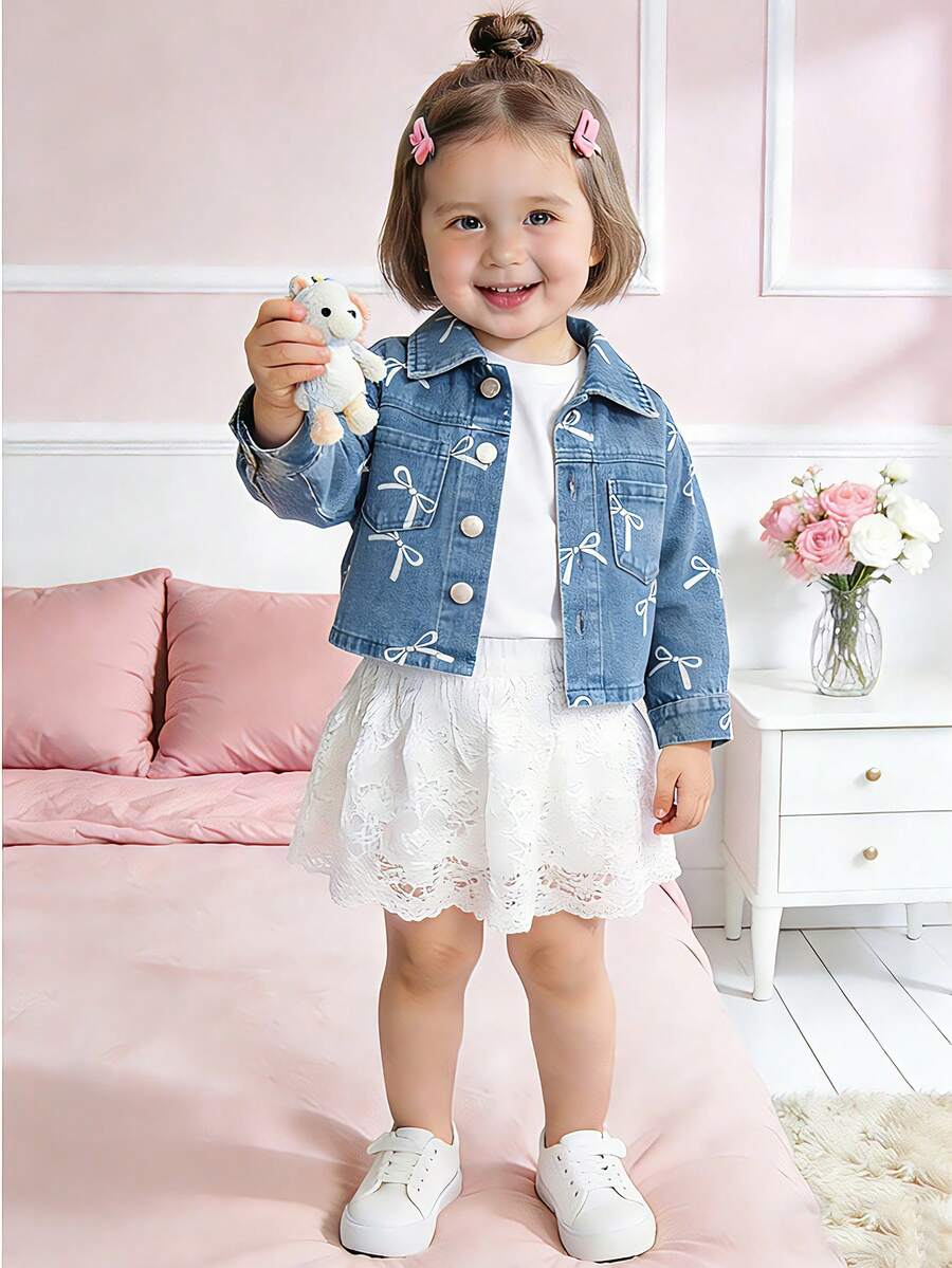 4-7 Years Old Girls' Spring/Summer Butterfly Print Denim Jacket, Lapel Single-Breasted Casual Versatile Outerwear
