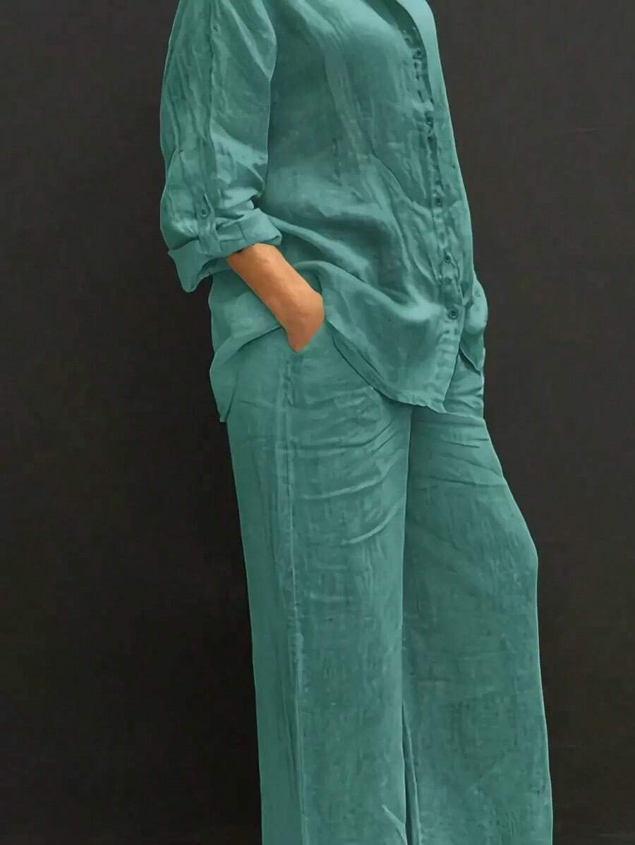 Lightweight Collar Casual Cardigan, Versatile Solid Color Elegant Blouse Top Suitable Beach, Daily, Commuting, Work, Shopping, Soft Fabric, Elastic Waist Loose Pants, 2-Piece Set, Spring/Summer/Autumn - Cadet Blue - View 1