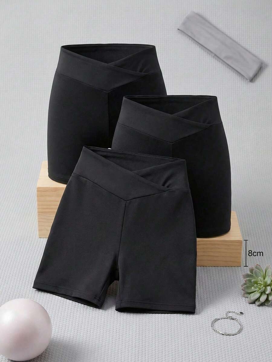 Teen Girls Solid Color V-Waist Comfortable Breathable 3 Pieces Set Sports Shorts (YY1151) - Black - View 1