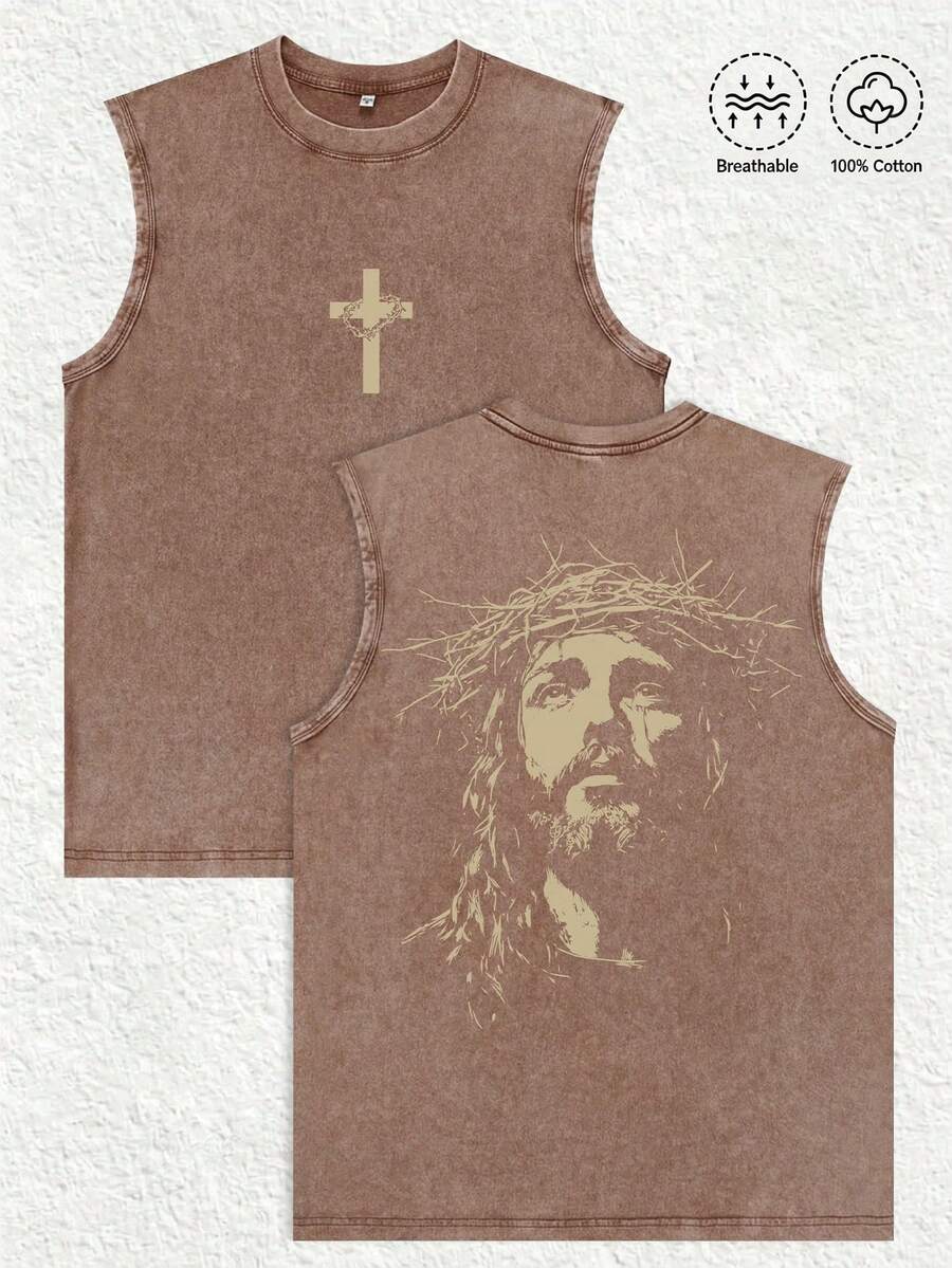 Men's Printed Vintage Washed Vest,Sleeveless Printed T-Shirt, Featuring A "Jesus With A Crown Of Thorns," Is Y2K Style Street Fashion Men's Washed Vest, Vintage Design. The Front Features A Cross Adorned With A Crown Of Thorns, While The Back Displays An Artistic Portrait Of Jesus Wearing The Crown. Made From Highly Breathable 100% Cotton, Round Neck Short-Sleeved Casual T-Shirt.This Vest Is Ideal For Easter Celebrations, Church Events, Or Everyday Wear, Adding A Touch Of Religious And Nostalgic Charm To Your Outfit. This Men's Crew Neck Printed Casual Vest Makes A Great Gift For Friends And Family. 100% Cotton T-Shirt, Stylish And Youthful Design. Unisex Graphic Summer Short-Sleeved T-Shirt, Back-To-School Essential | Couple Gift | Holiday Gift | Easter Gift - 咖啡色 - 查看 1
