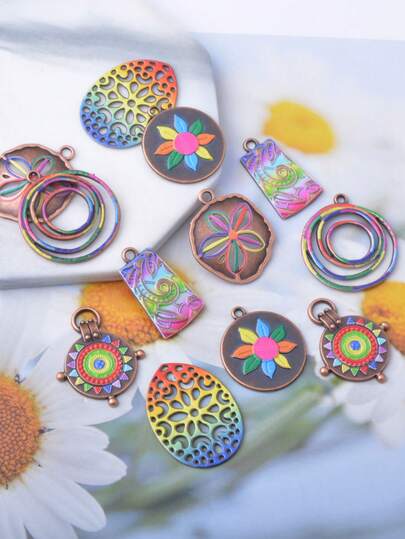 12pcs/Pack 2026 Bohemian Colorful Earring Accessories, Floral & Geometric Pendant, Fashion Painted Earring Jewelry Charm Set, New Creative