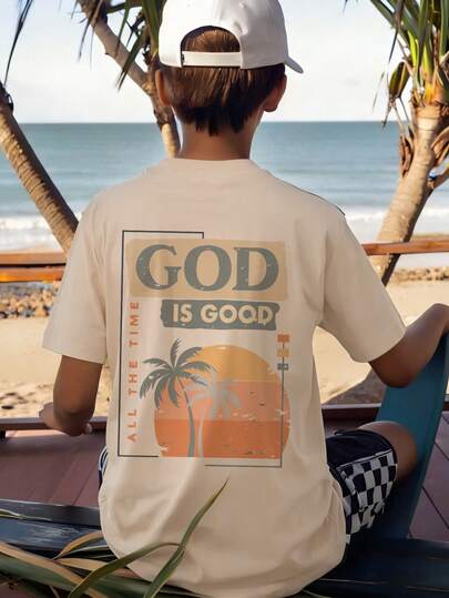 This Casual T-Shirt Designed For Boys Features A Beach Sunset Element Print, Very Suitable For Teenage Boys. Family Vacation Casual Fashion Clothing